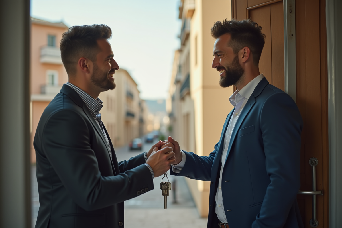 Agent immobilier remettant les clés à un locataire souriant devant l immeuble