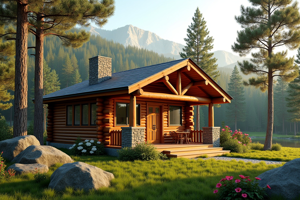 Cabanon terminé entouré de pins irlandais avec couple heureux