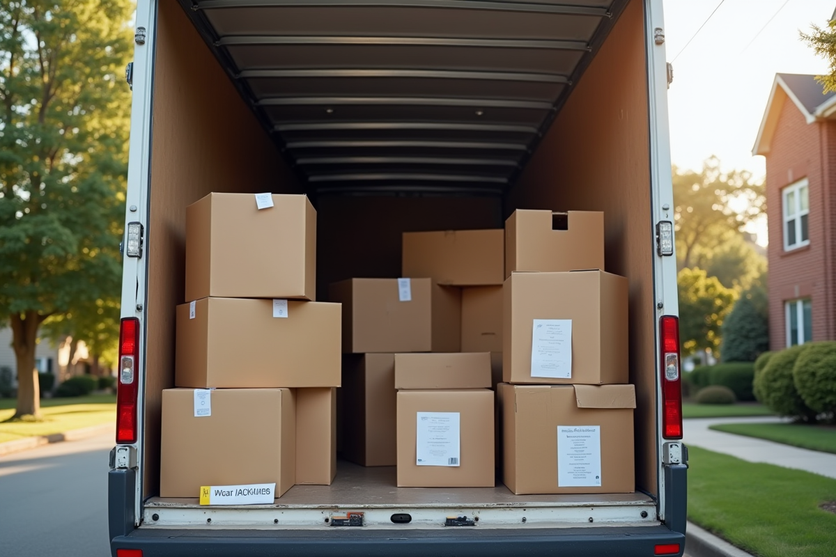 Camion de déménagement organisé avec cartons étiquetés