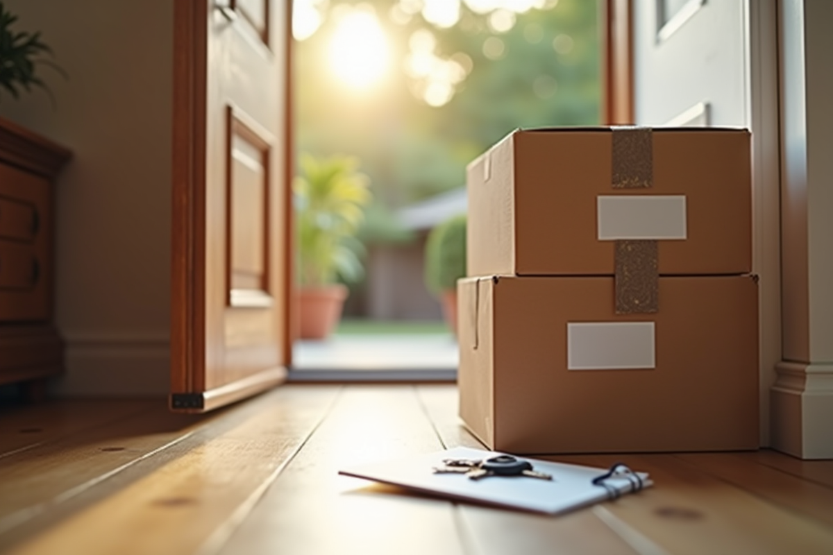 Cartons étiquetés près de la porte avec clés et liste pour un déménagement