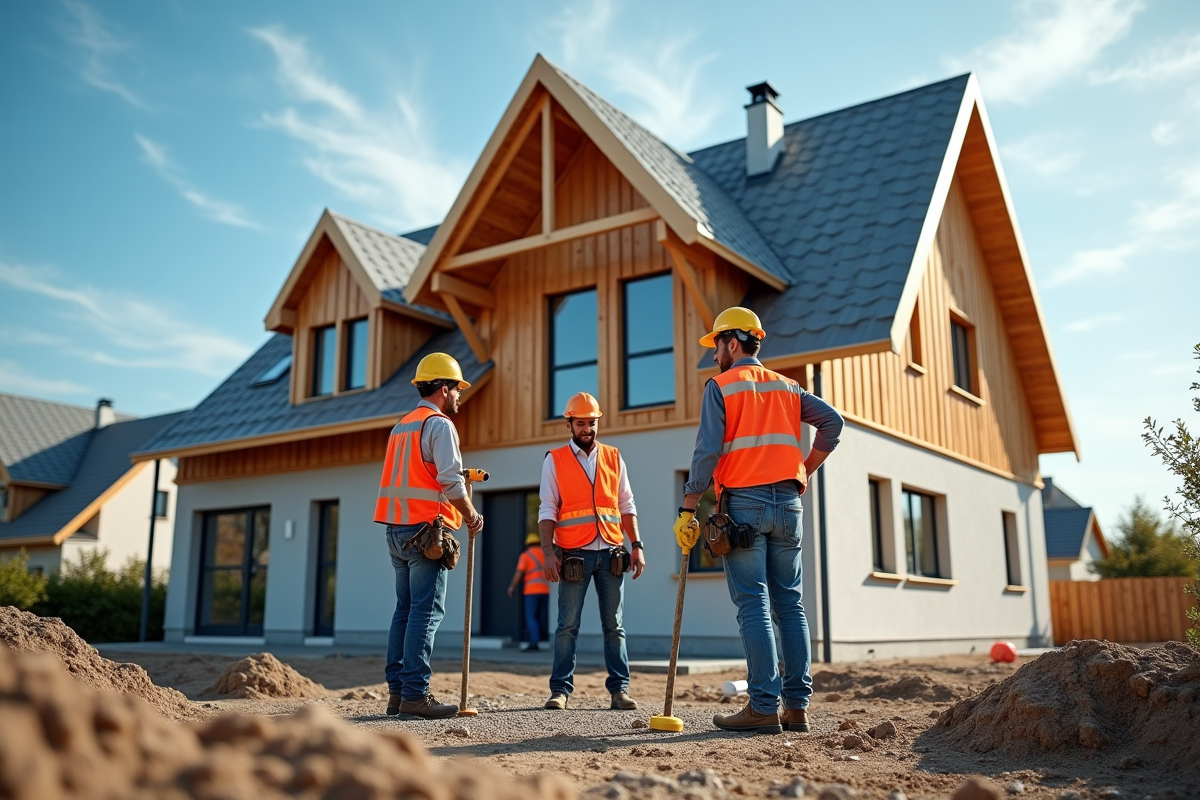 Artisans sur un chantier avec casque et signalisation decennale