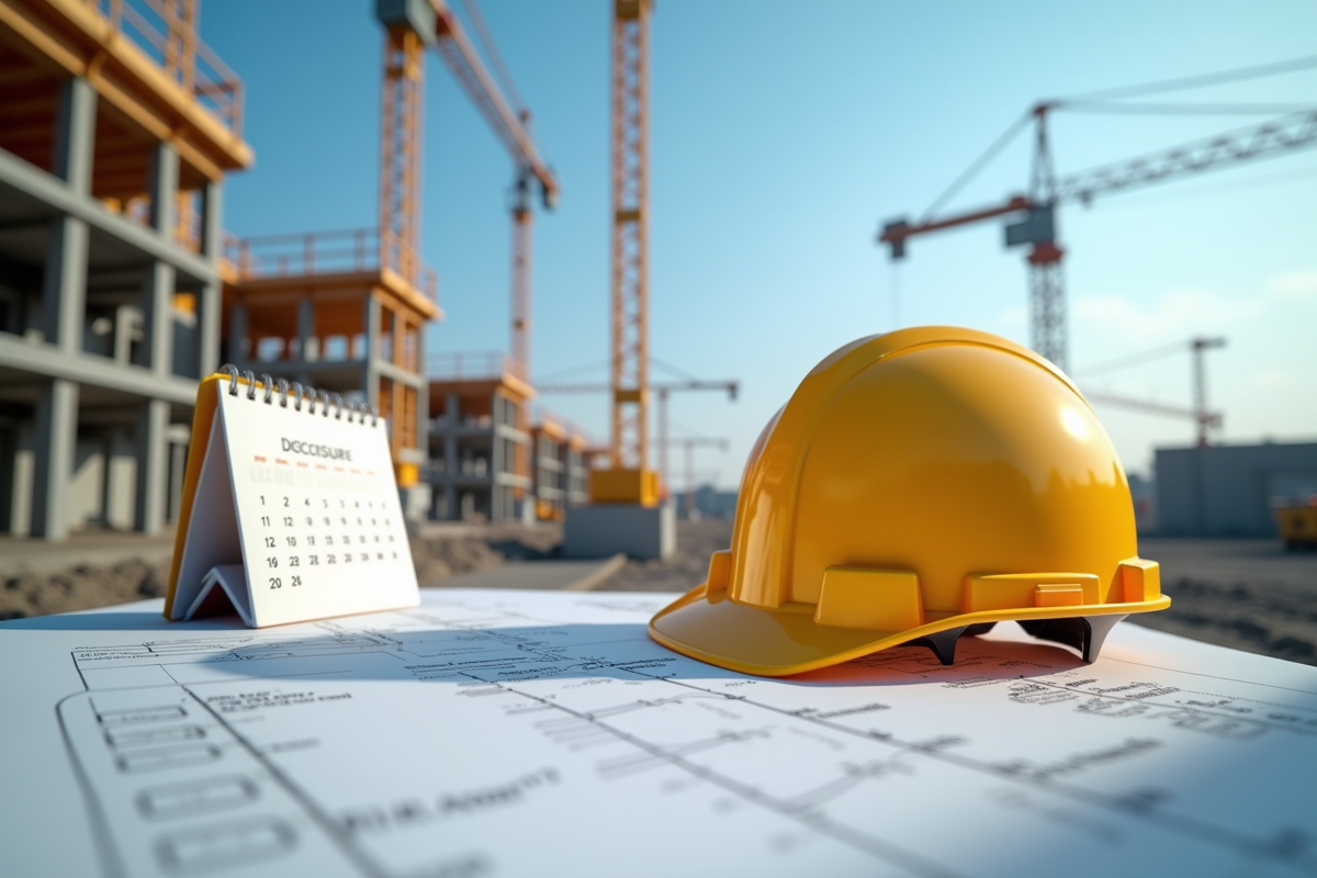 Chantier en pause avec casque jaune et calendrier sur plans