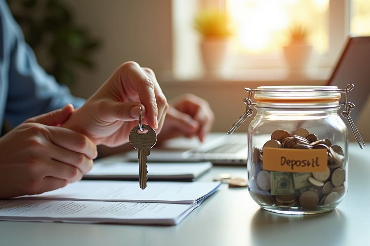 Mains tenant une clé de maison avec un pot de dépôt rempli de pièces et billets