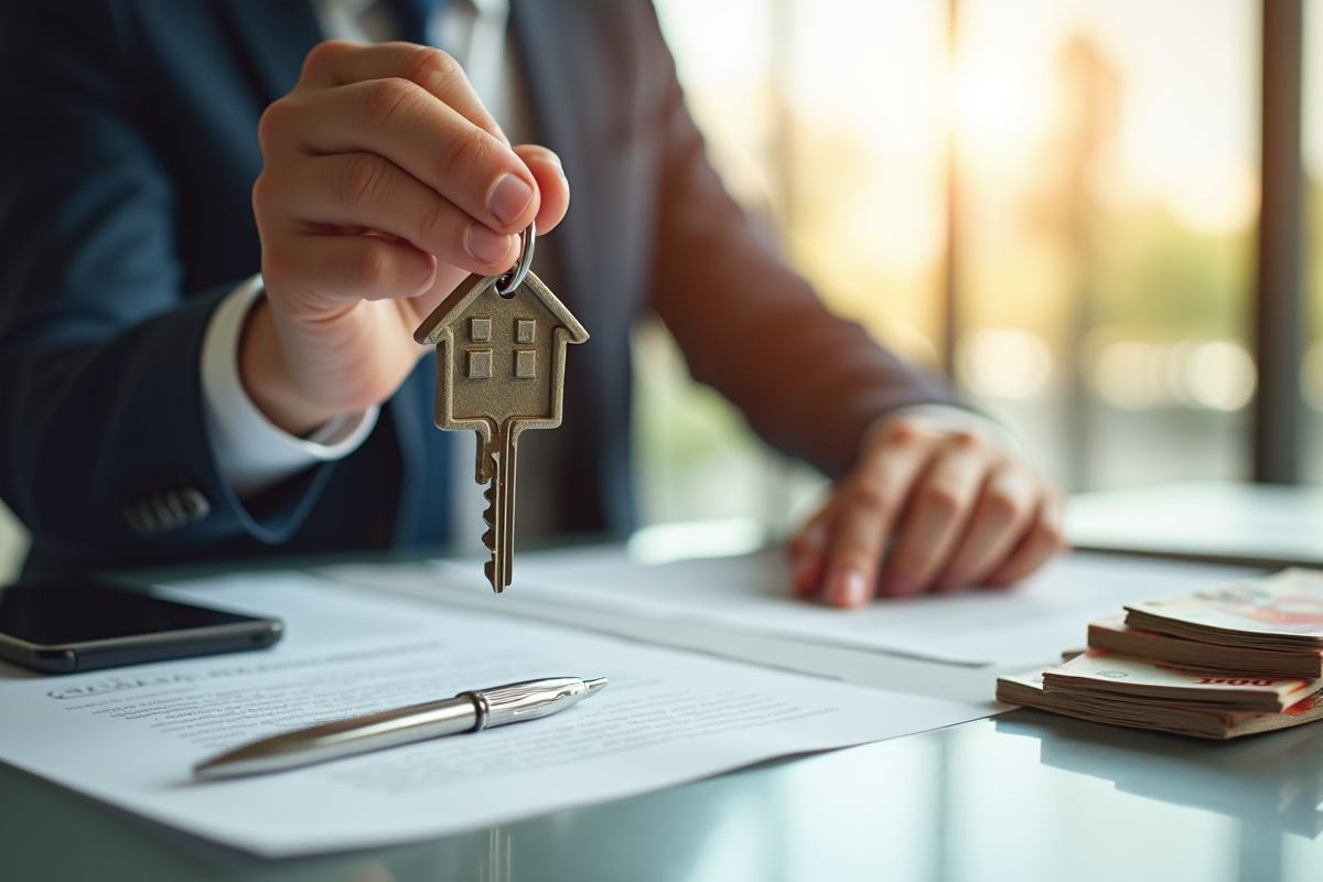 Main tenant une clé en forme de maison devant un contrat de prêt bancaire