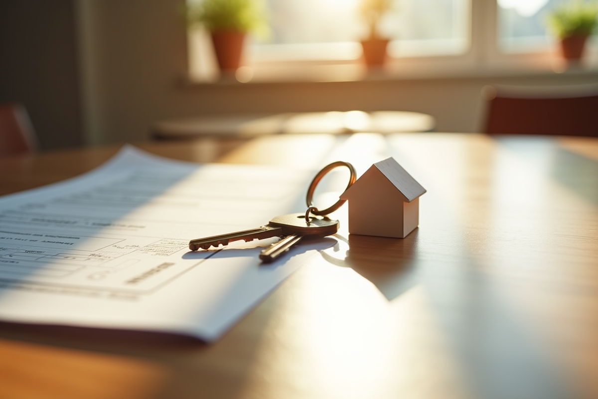 Clés avec porte-clé maison sur une table en bois avec formulaires de logement