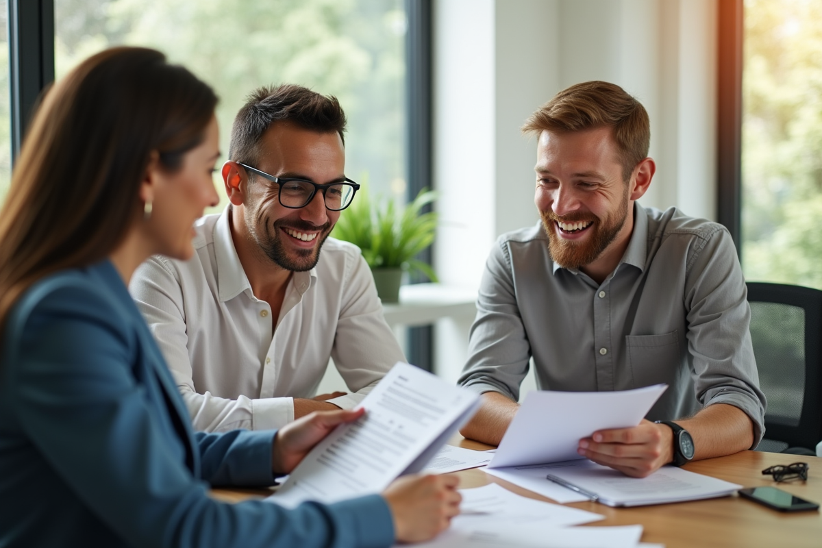 Conseiller financier souriant expliquant la déduction fiscale à un couple