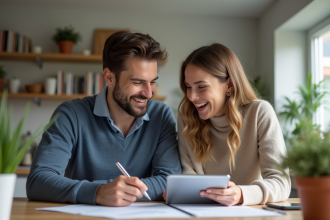 Jeune couple souriant examinant documents de mortgage