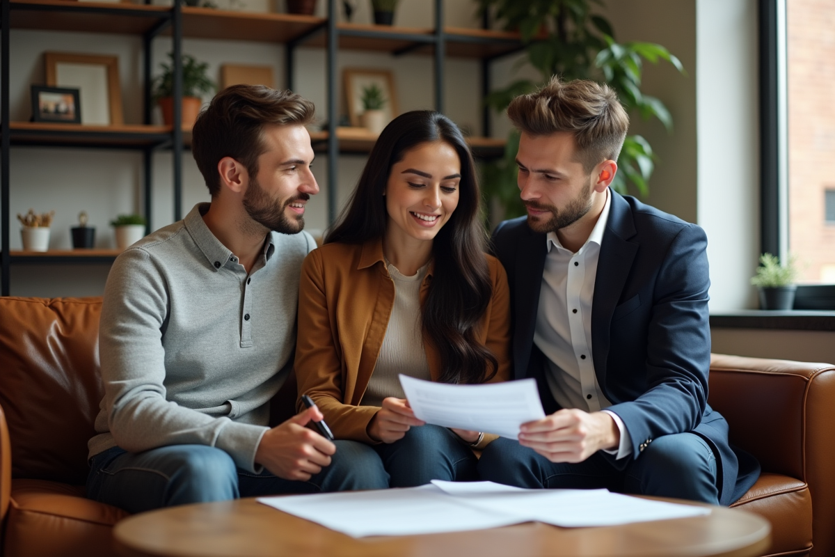 Jeune couple discutant avec agent immobilier dans salon