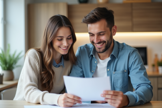 Jeune couple étudiant des documents financiers à la maison