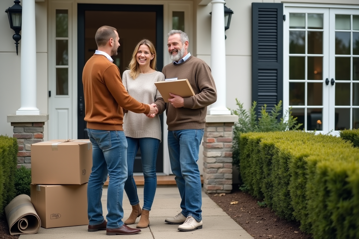 Couple souriant accueillant un monteur devant leur maison