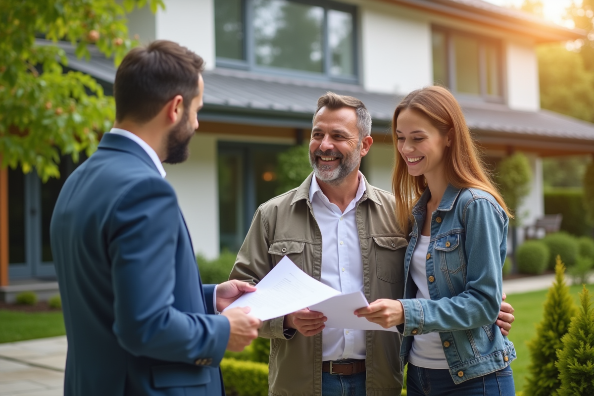 Couple souriant devant maison avec conseiller immobilier