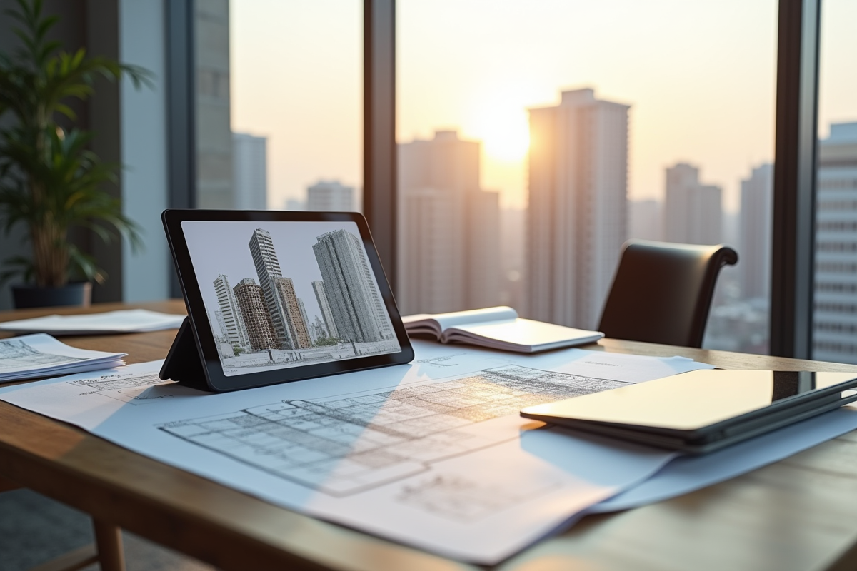 Echantillons de matériaux façade sur un bureau d architecte avec plans et tablette