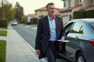 Expert homme en costume dans une rue résidentielle