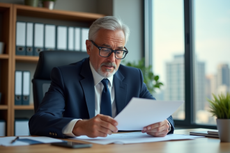 Expert immobilier en costume bleu évaluant un rapport