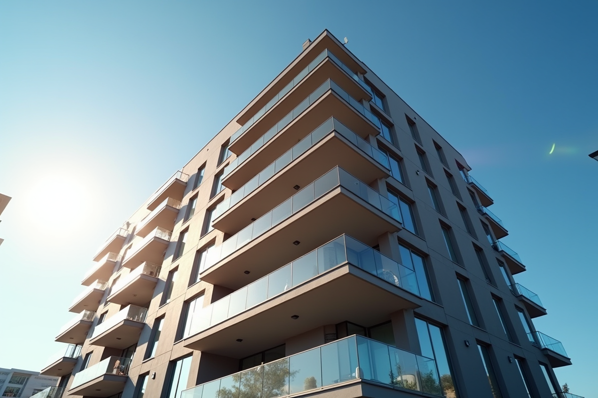 Façade d un immeuble moderne avec balcons et reflets du soleil