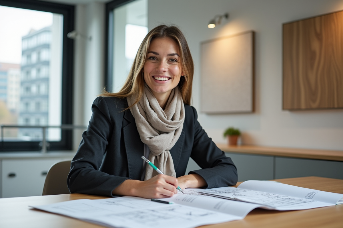 Femme architecte prenant des notes sur un plan