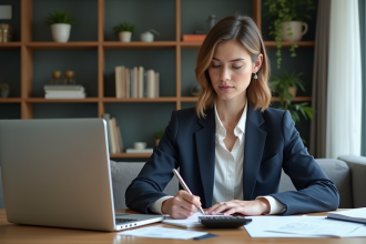 Femme d'affaires concentrée dans son bureau à domicile