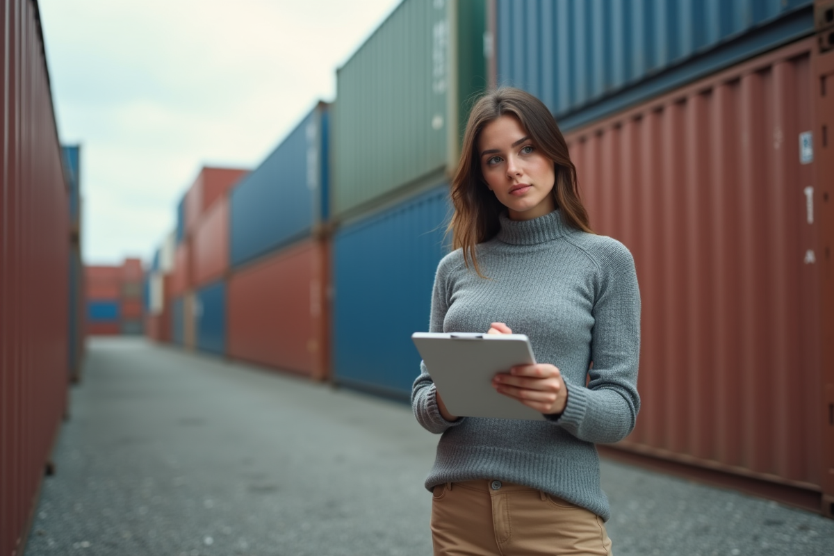 Jeune femme examinant un conteneur industriel extérieur