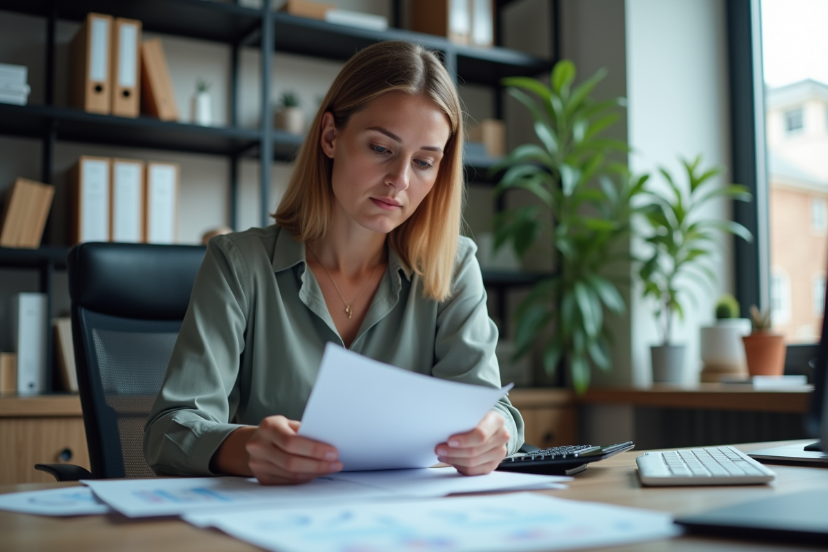 Femme experte en bureau examinant des papiers