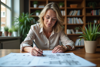 Femme professionnelle étudie des documents immobiliers