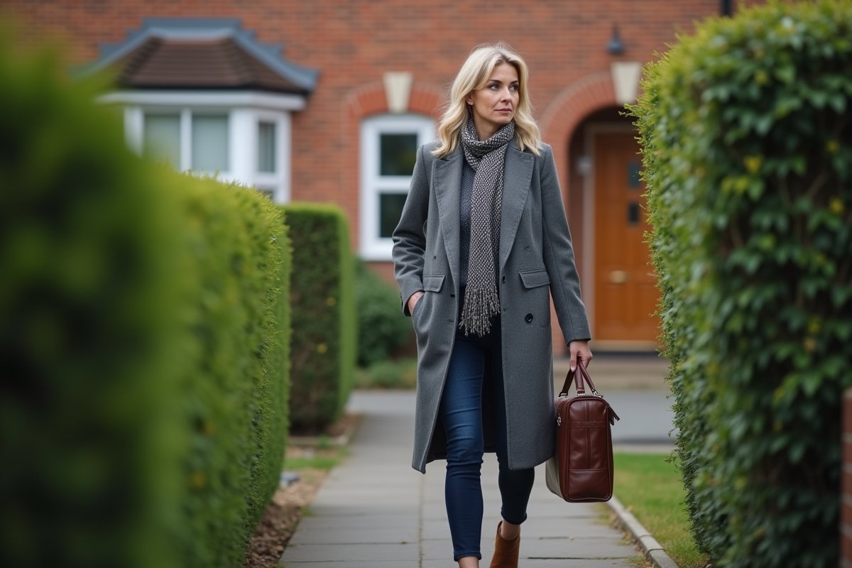 Femme agent immobilier marchant vers une maison résidentielle