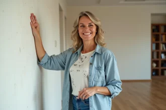 Femme souriante peignant un mur dans un intérieur moderne