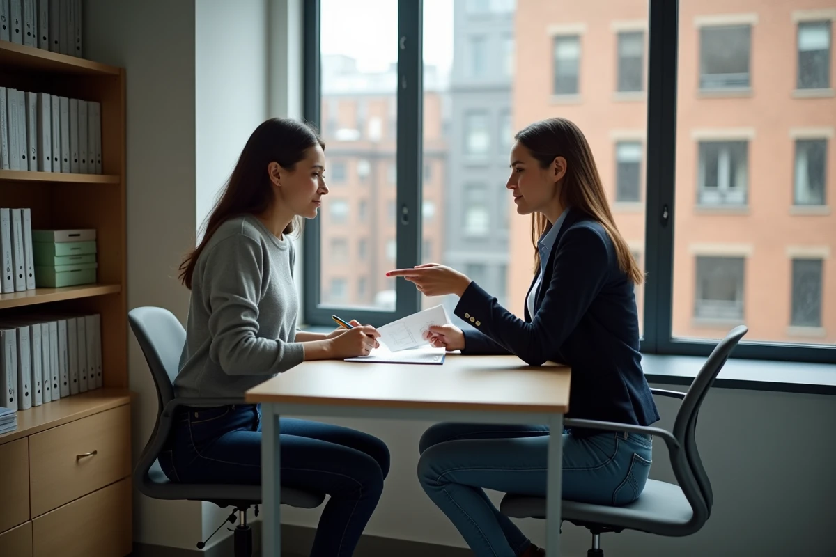 Jeune femme refusant de signer un document dans une agence immobiliere