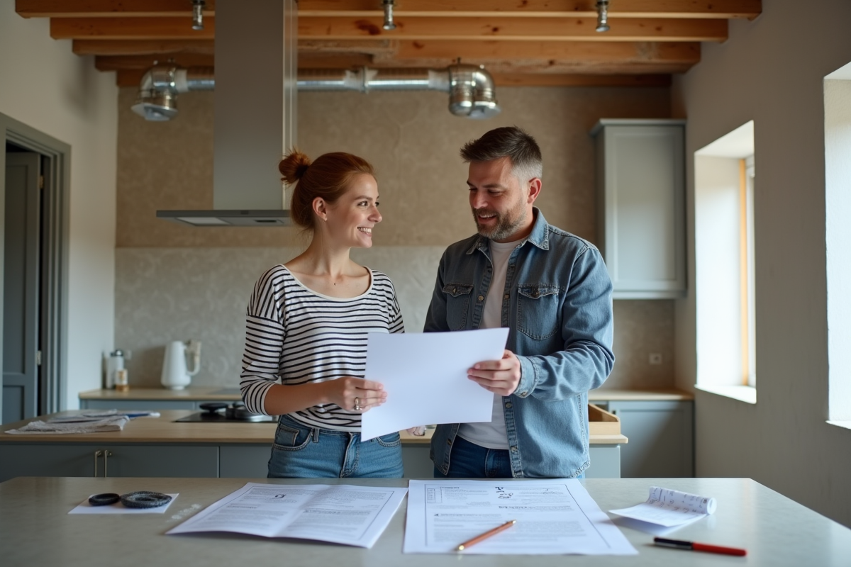 Jeune femme vérifiant un document de plomberie avec un entrepreneur dans la cuisine