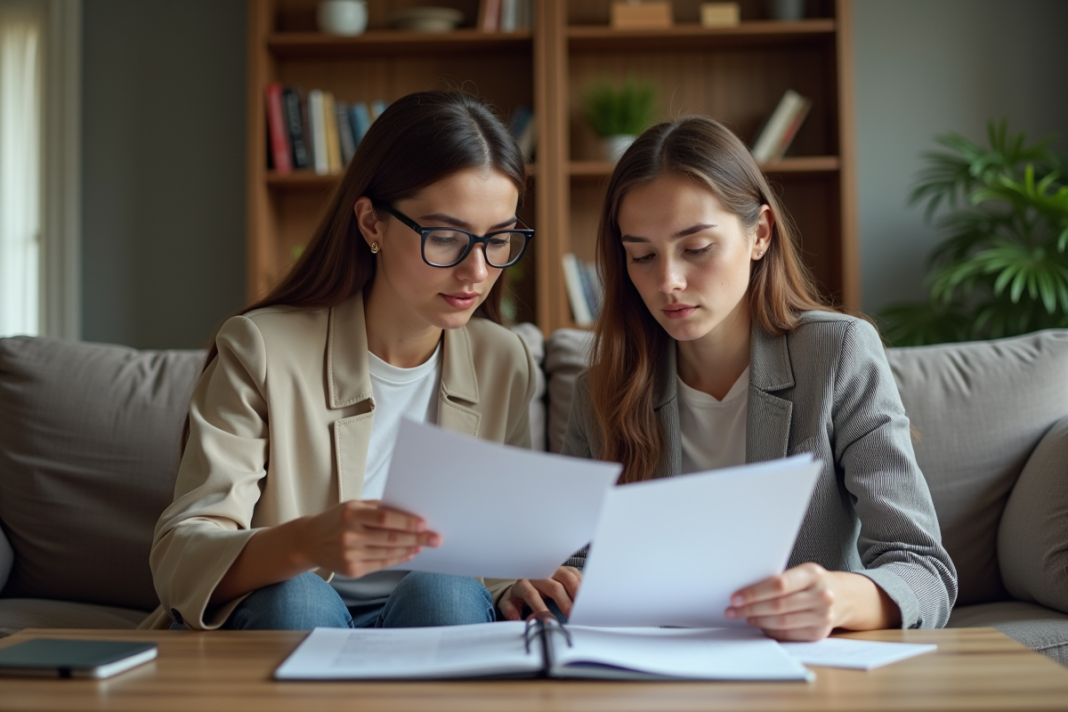 Jeune femme discutant de papiers avec une femme âgée dans un salon