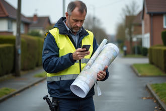 Geometre urbain avec carte et smartphone en extérieur