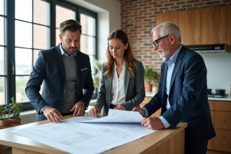 Groupe de trois adultes examinant des plans dans une cuisine moderne