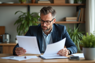 Homme d affaires en intérieur lisant des documents immobiliers