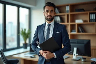 Homme d'affaires nord-africain en costume dans un bureau moderne