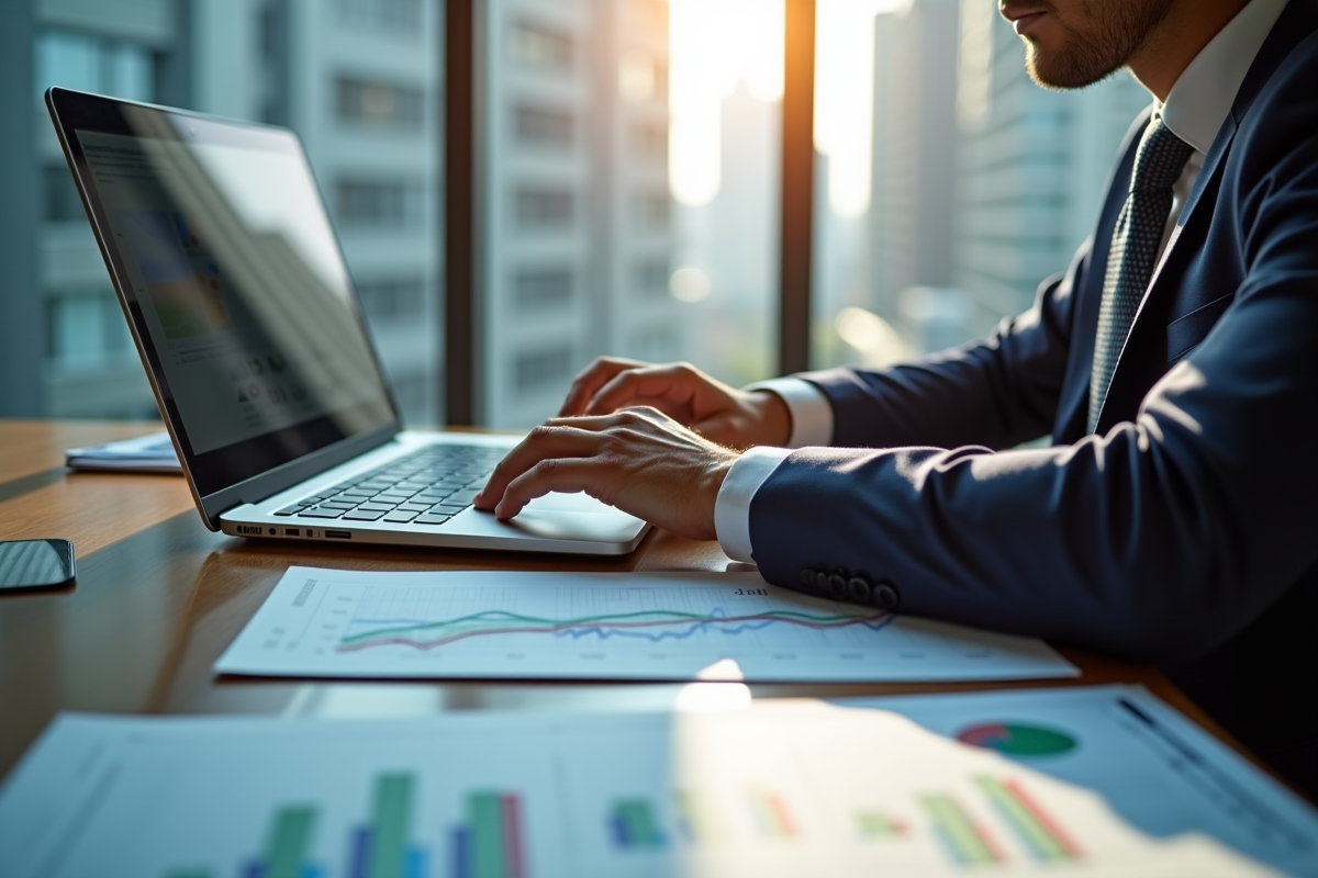 Homme en costume analysant des graphiques financiers dans une salle de réunion
