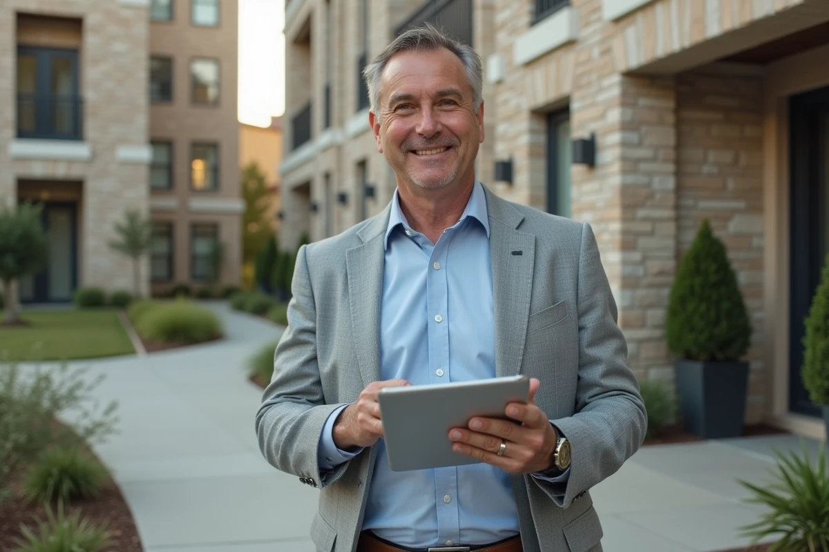 Homme souriant avec tablette devant immeuble immobilier
