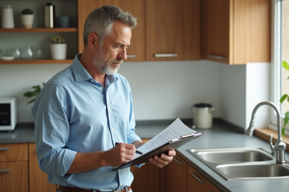 Homme d'âge moyen examinant un document dans une cuisine moderne