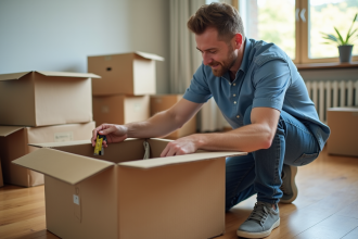 Homme mesurant un carton dans un intérieur lumineux