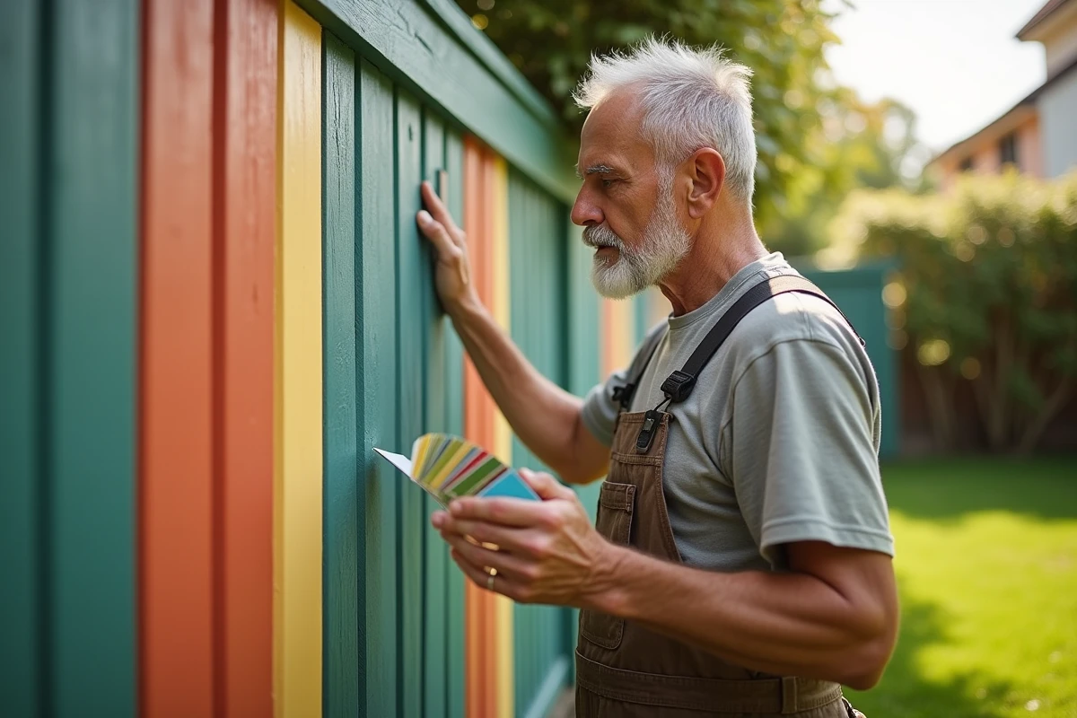 Homme inspectant une clôture peinte dans un jardin