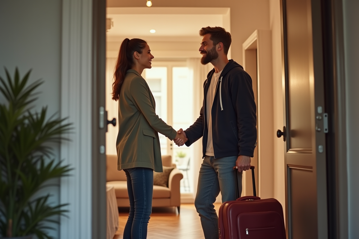 Hôte et voyageur se serrant la main devant un appartement moderne