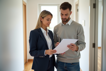 Femme en costume bleu examinant une checklist avec un locataire