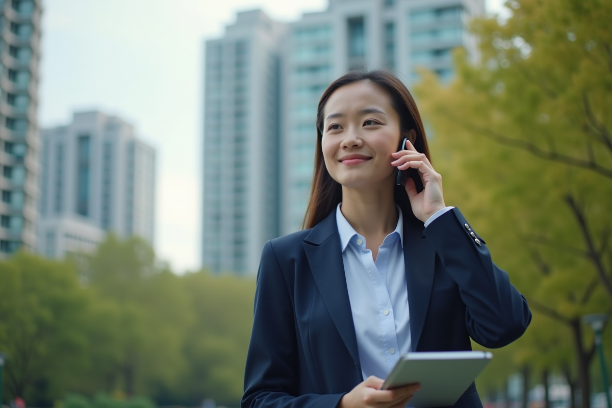 Jeune femme en ville parlant au téléphone dans un parc