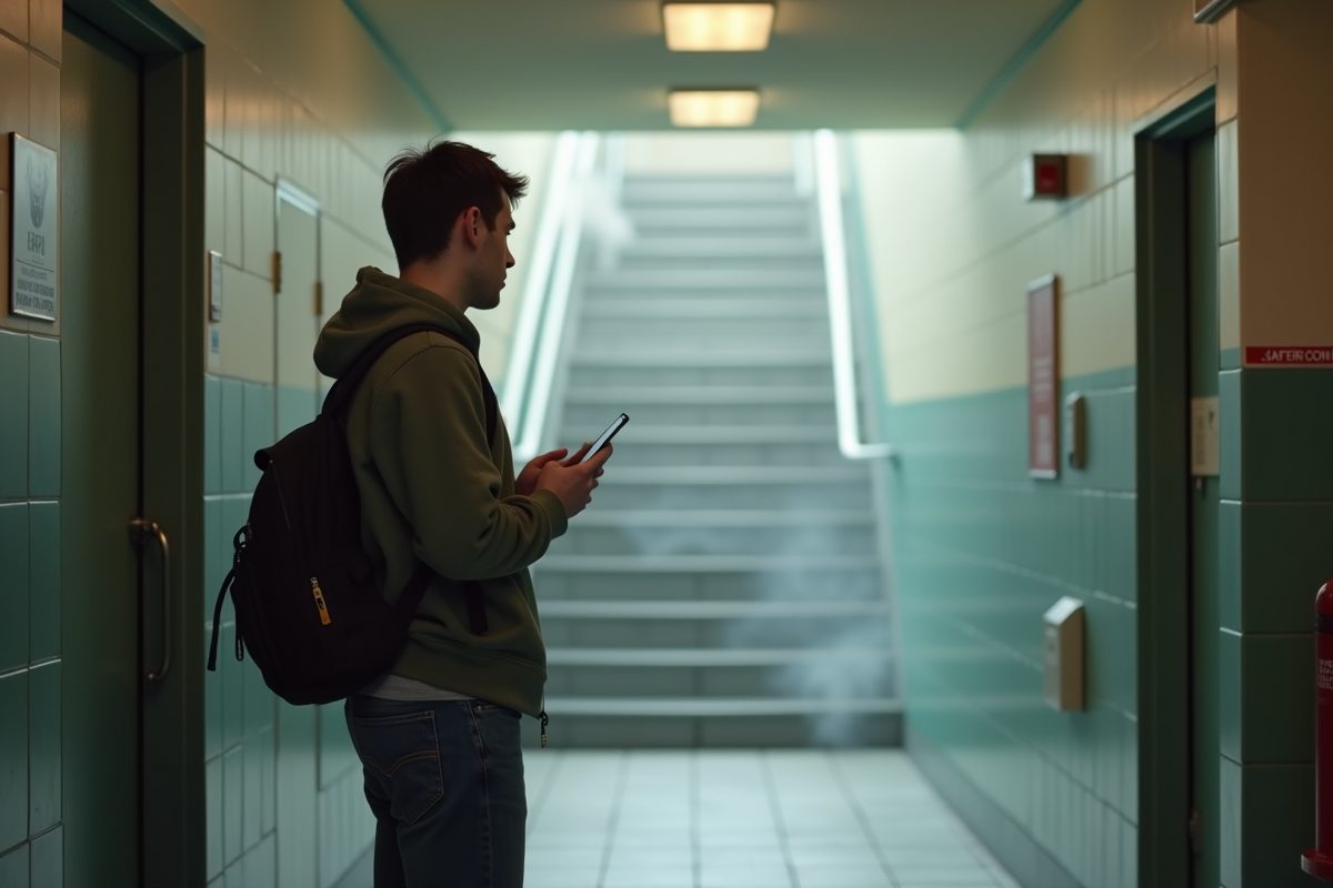 Jeune homme appelant les secours près d un escalier en fumée