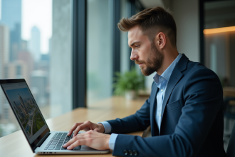 Jeune homme professionnel travaillant sur un ordinateur design urbain