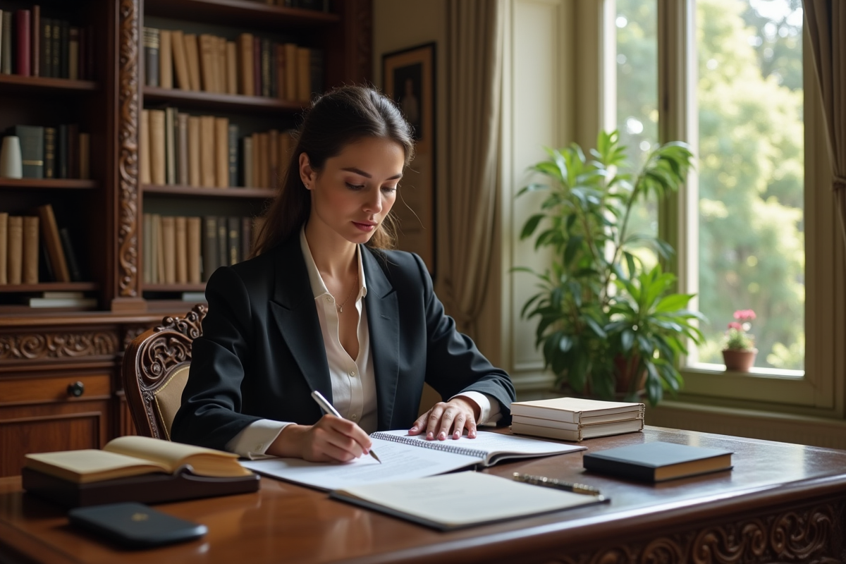 Jeune femme lisant documents dans un appartement français