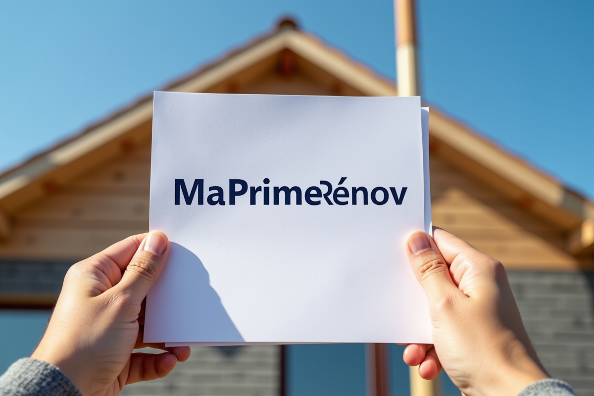 Main tenant une lettre MaPrimeRénov devant une maison isolée avec outils en arrière-plan