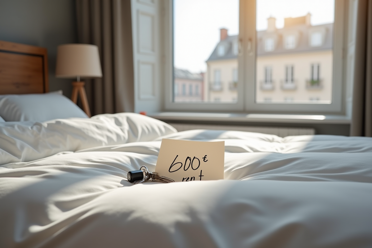 Lit dans un appartement en ville avec vue urbaine et clés sur la couette