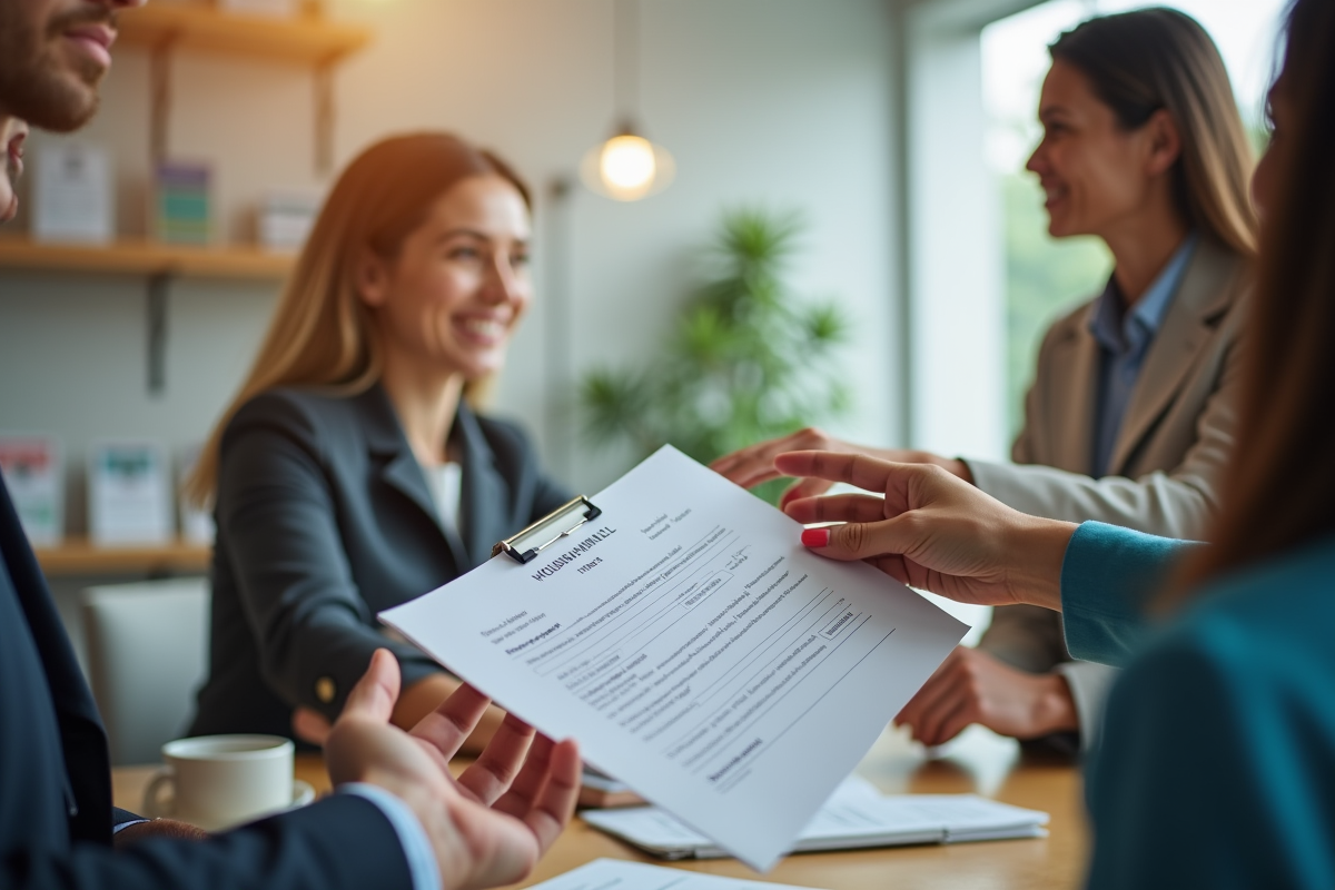 Main passant un formulaire rempli à un conseiller souriant