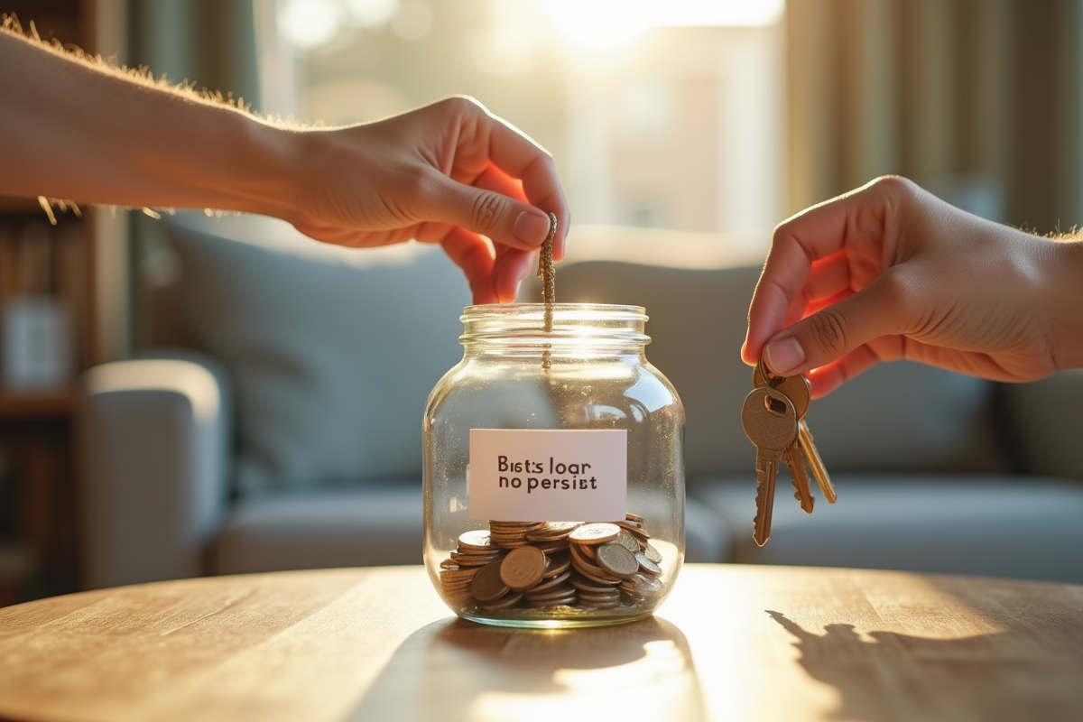 Mains plaçant des pièces et clés sur un pot de dépôt pour prêt immobilier