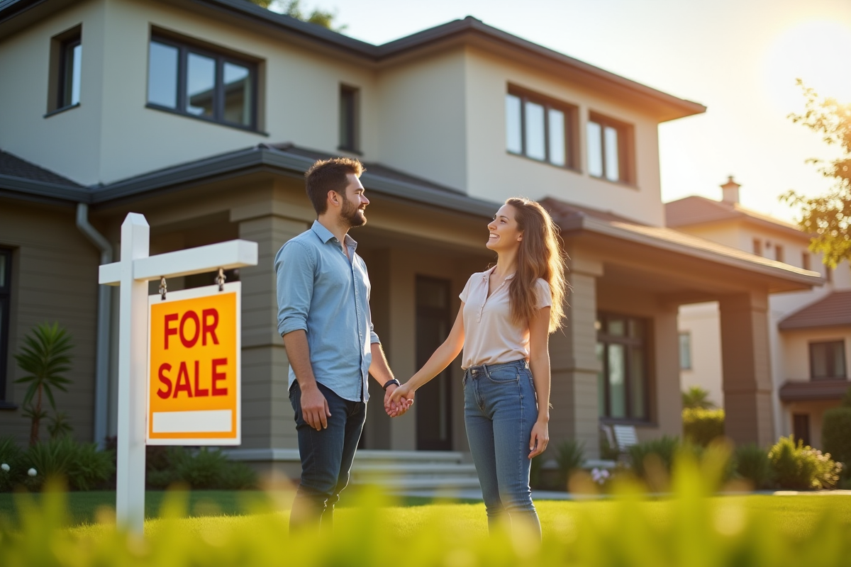 Jeune couple souriant devant une maison à vendre