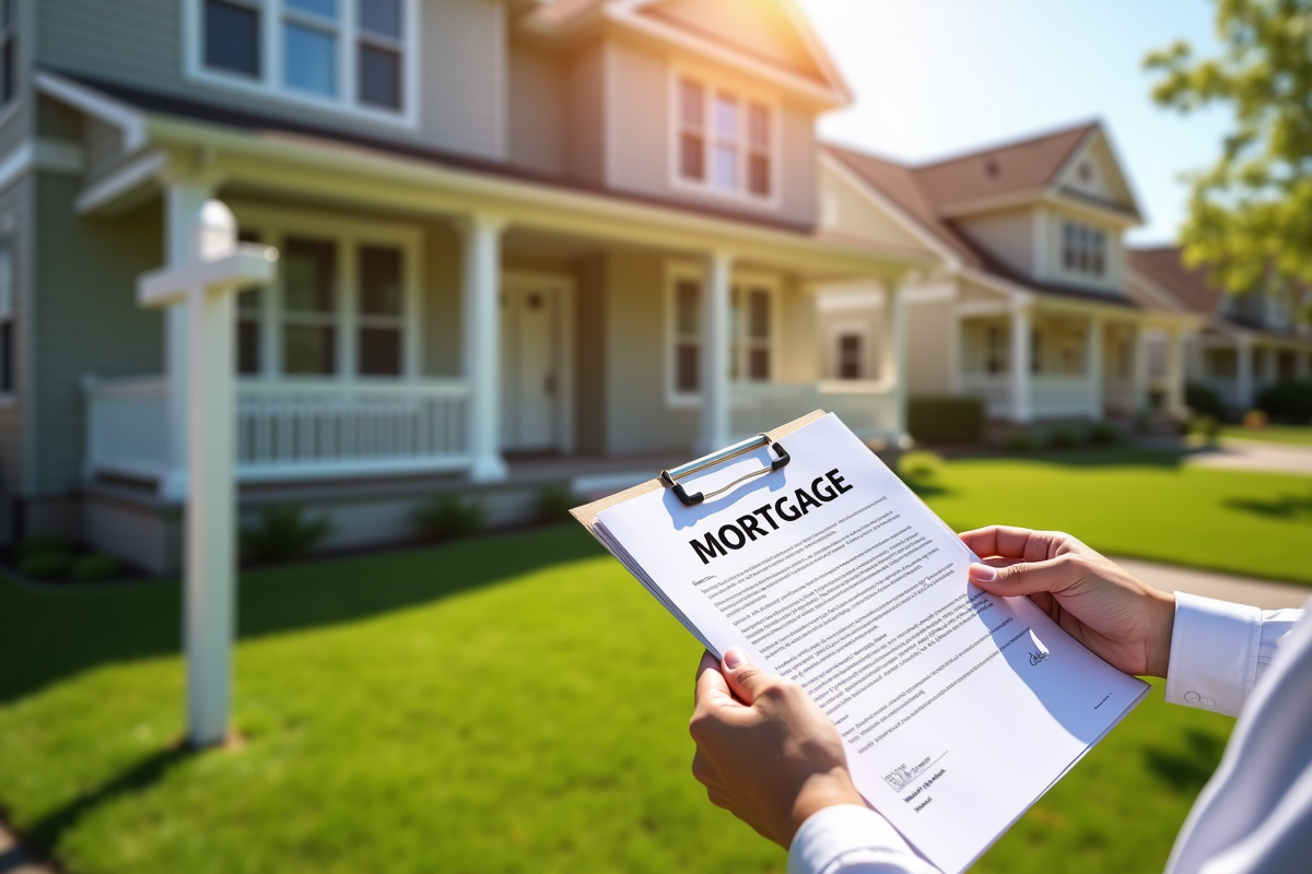 Maison avec panneau mortgage et mains tenant documents officiels